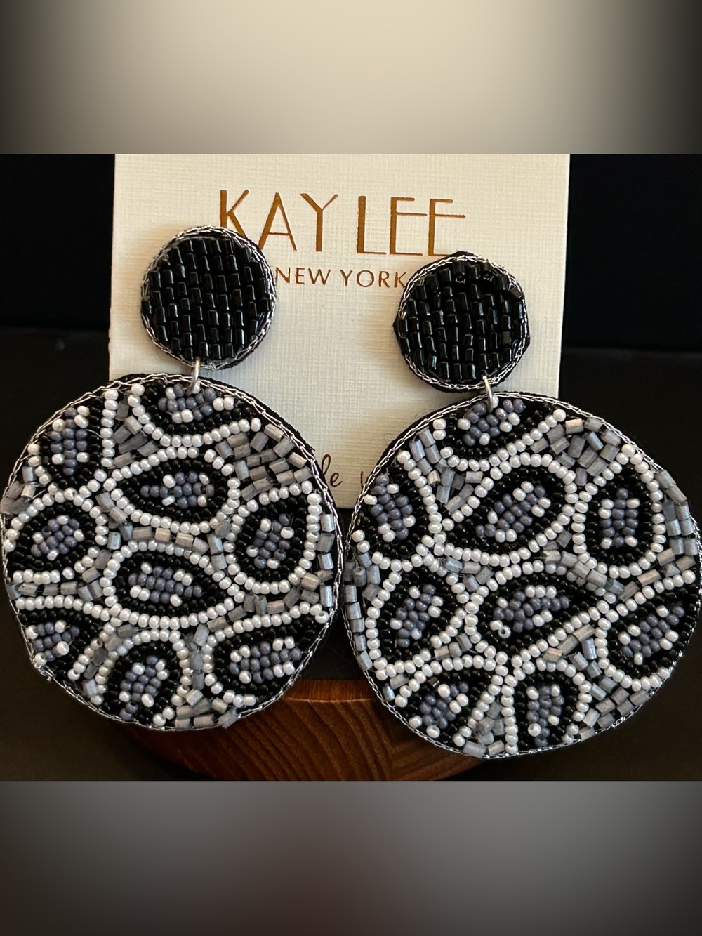 Kay Lee New York Black, White & Gray Handmade Beaded Round Drop Earrings NWT